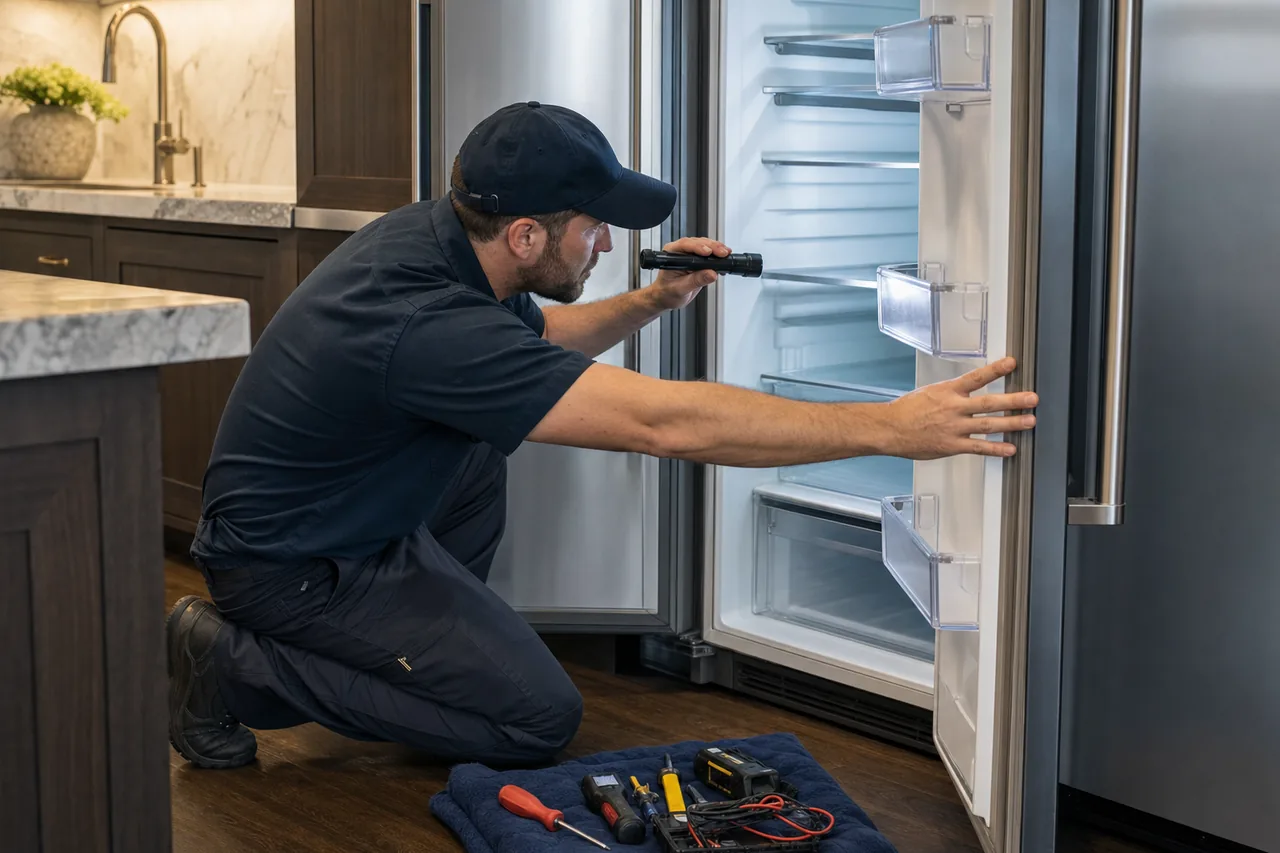 A built-in Sub-Zero refrigerator being diagnosed in a Rye kitchen