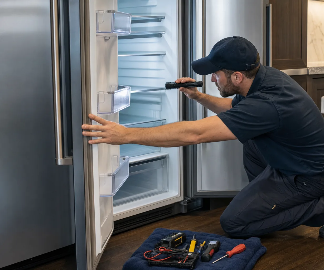 Technician repairing a built-in refrigerator up close