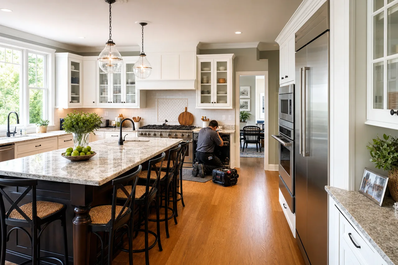 A luxury kitchen with built-in stainless appliances in a Westchester home