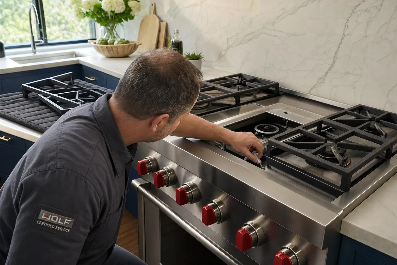 Technician servicing a stainless Wolf range