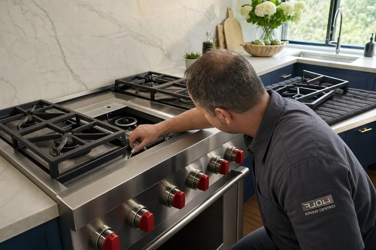 Technician servicing a stainless Wolf range